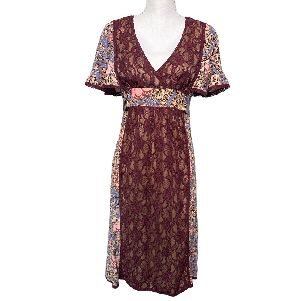 Betsey Johnson Floral Lace-Trim Maxi Dress 6 Silk Blend Burgundy & Multicolor